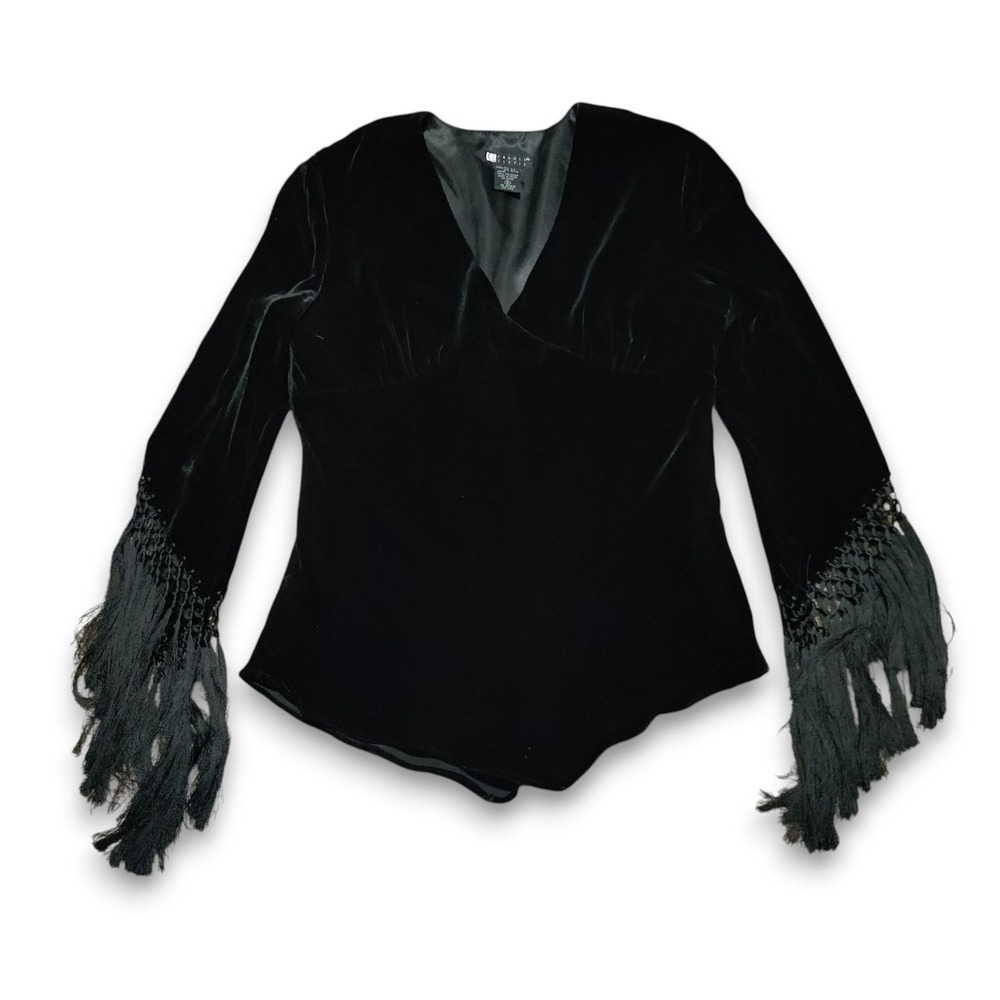 Carole Little Women's Blouse Size Small‎ Silk Velvet Velour Tassel Top Black